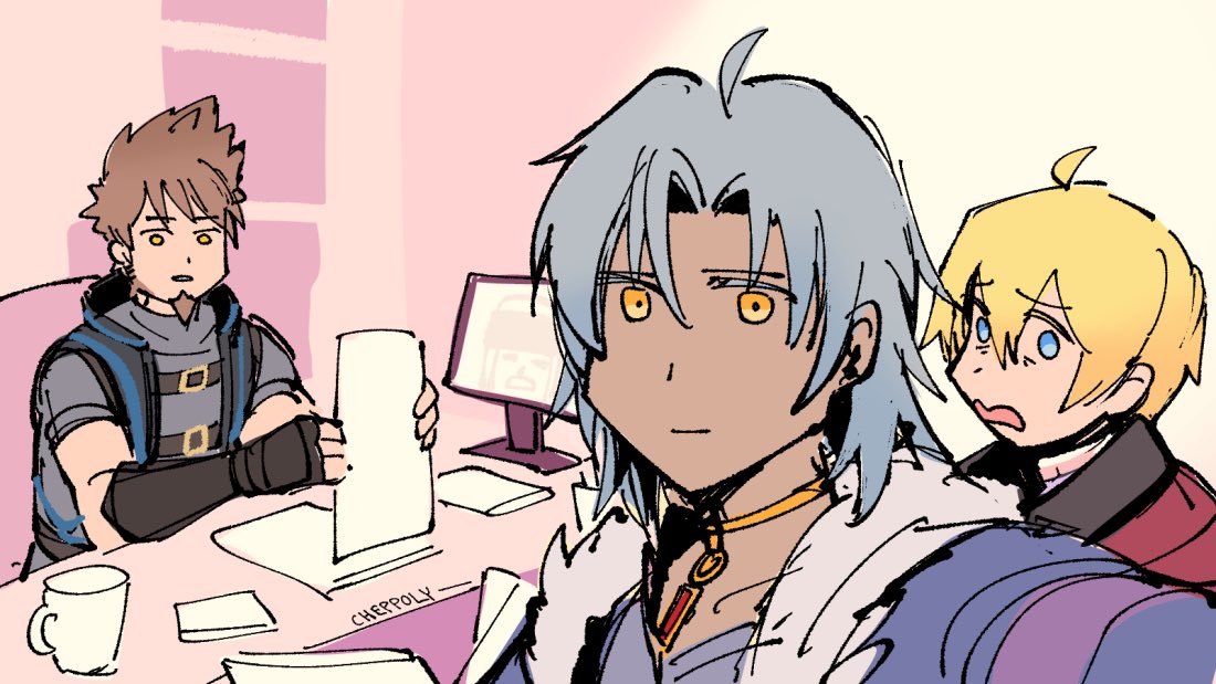 3boys, alvis_(xenoblade), beard, blonde_hair, brown_hair, cheppo, dark-skinned_male, dark_skin