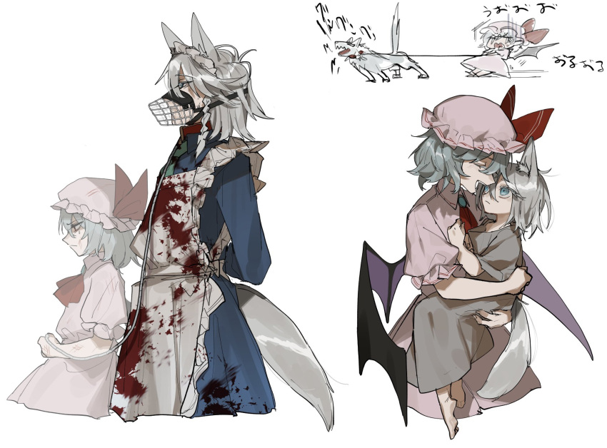 2girls, age_comparison, aged_down, animal_collar, animal_ear_fluff, animal_ears, apron, arms_behind_back