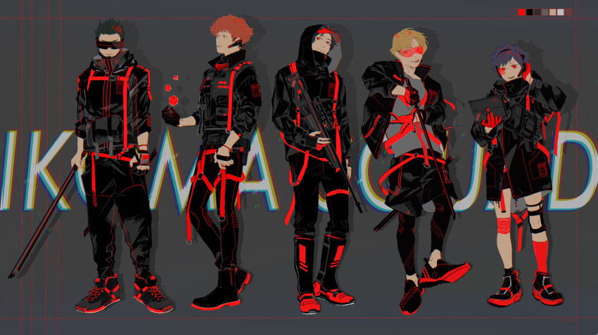 1girl, 4boys, :p, absurdres, arms_at_sides, bag, black_coat, black_footwear