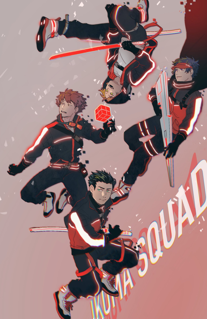 4boys, absurdres, adapted_costume, bangs, belt, belt_buckle, black_gloves, black_hair