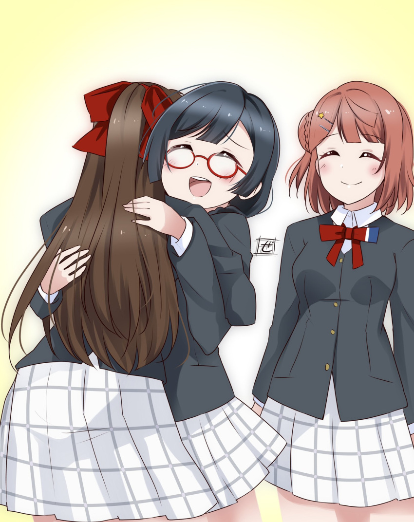 3girls, azuna_(love_live!), bangs, black_hair, blush, breasts, brown_hair, closed_eyes