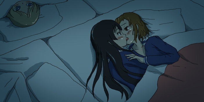 akiyama_mio, black_eyes, black_hair, blonde_hair, blush, brown_eyes, brown_hair, futon, k-on!, kiss, kotobuki_tsumugi, long_hair, lying, multiple_girls, rumba_(mokapurin), short_hair, tainaka_ritsu, track_suit, yuri