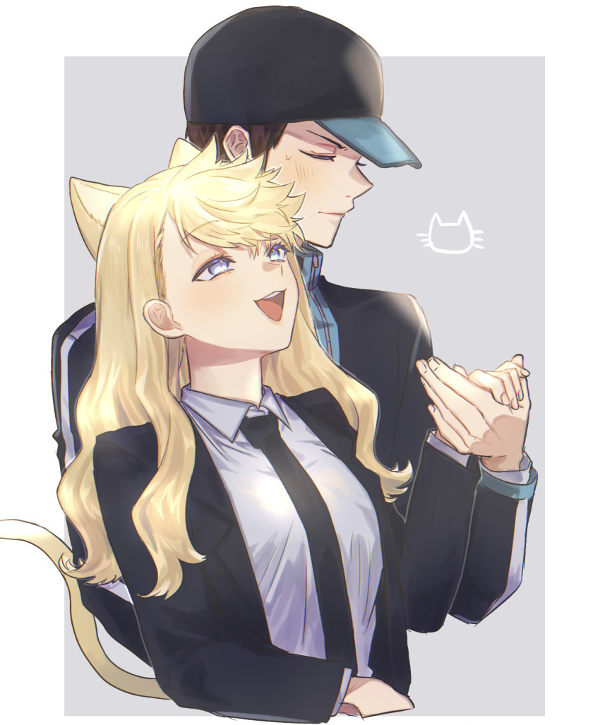 1boy, 1girl, animal_ears, arafune_tetsuji, bangs, baseball_cap, black_headwear, black_jacket