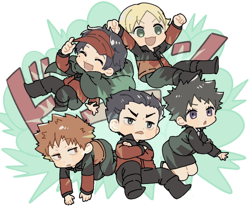 1girl, 4boys, ^_^, arms_up, bangs, black_footwear, black_hair, black_jacket