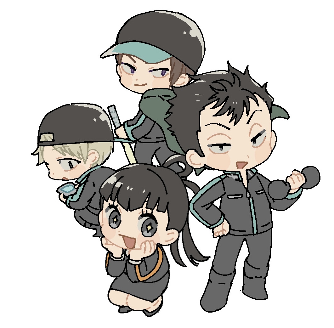1girl, 3boys, arafune_tetsuji, backwards_hat, bangs, baseball_cap, black_headwear, black_jacket