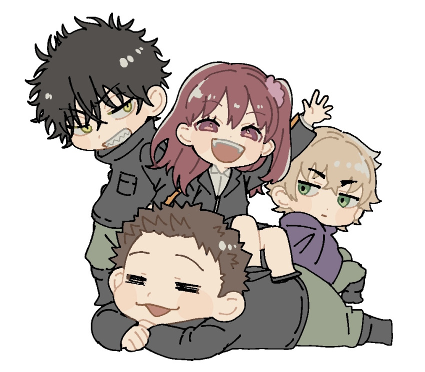 1girl, 3boys, =_=, arm_up, bangs, black_footwear, black_hair, black_jacket