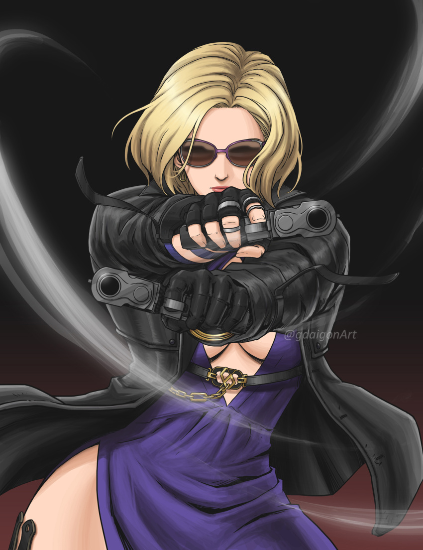 1girl, aiming_at_viewer, black_gloves, black_jacket, blonde_hair, breasts, center_opening, dress, dual_wielding, earrings, fingerless_gloves, gangsta_hold, geoffrey_daigon, gloves, gun, halter_dress, halterneck, handgun, highres, holding, jacket, jewelry, knife, large_breasts, leather, leather_jacket, lips, looking_at_viewer, multiple_rings, nina_williams, no_bra, purple-framed_eyewear, purple_dress, ring, short_hair, side_slit, solo, sunglasses, tekken, tekken_8, weapon