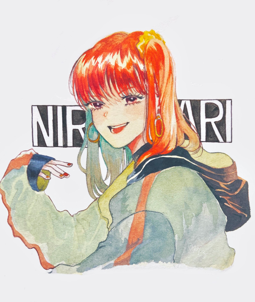 1girl, bangs, character_name, cropped_torso, earrings, eyelashes, from_side, hair_ornament, hair_scrunchie, hand_up, highres, hood, hood_down, hooded_jacket, hoop_earrings, jacket, jewelry, long_hair, long_sleeves, looking_at_viewer, looking_to_the_side, nail_polish, nire_hikari, one_side_up, open_mouth, orange_hair, red_eyes, red_nails, redhead, scrunchie, sirasu_ko, smile, solo, traditional_media, upper_body, white_background, world_trigger