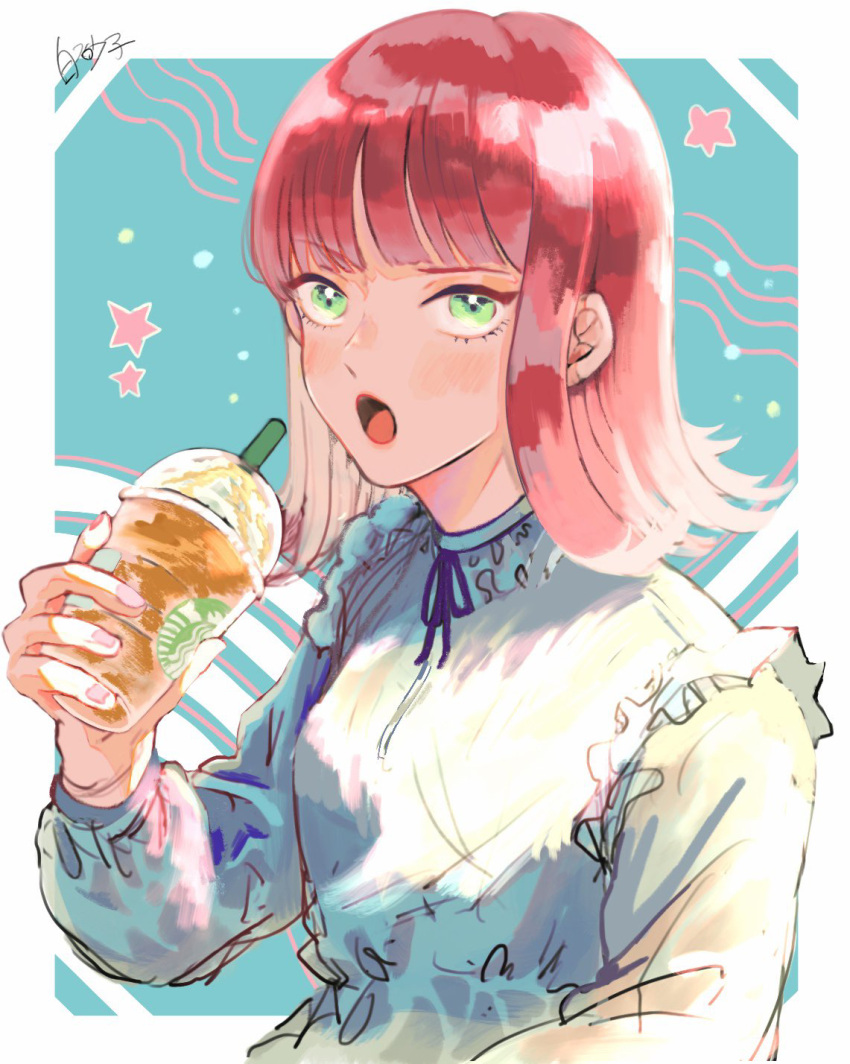 1girl, :o, bangs, blue_background, blunt_bangs, breasts, cup, disposable_cup
