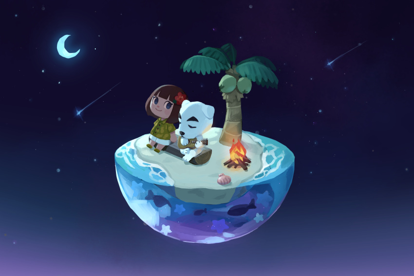 1boy, 1girl, acoustic_guitar, animal_crossing, animal_crossing_new_horizons, animal_ears, bangs, blunt_bangs