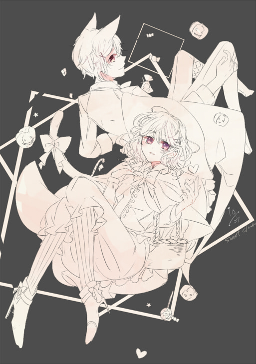 1boy, 1girl, animal_ears, big_bad_wolf_(grimm), big_bad_wolf_(grimm)_(cosplay), cosplay, full_body, grey_background