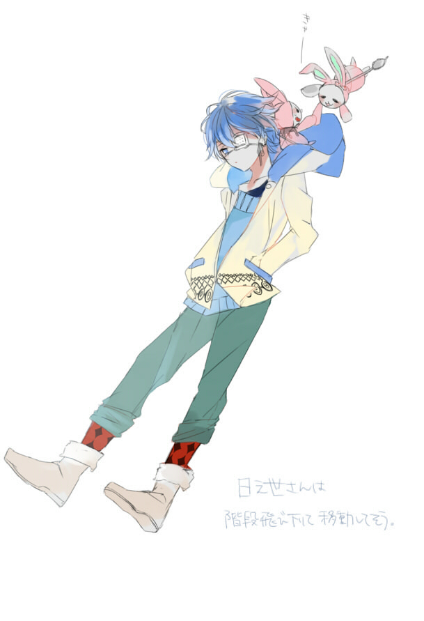 1boy, 2others, black_shirt, blue_hair, blue_sweater, closed_mouth, cranberry_(sweet_clown), eyepatch