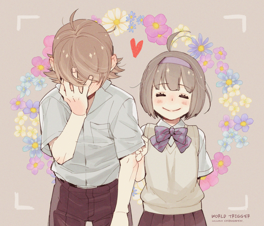 1boy, 1girl, ahoge, amatori_chika, bangs, blush, bow, bowtie, brown_hair, brown_pants, brown_skirt, clothes_grab, collared_shirt, copyright_name, covering_face, cowboy_shot, dated, ear_blush, ema_yuzuru, embarrassed, facing_viewer, floral_background, full-face_blush, grey_hair, grey_shirt, hairband, hand_on_own_face, hand_up, heart, hetero, pants, pleated_skirt, purple_bow, purple_bowtie, school_uniform, shirogane750, shirt, short_hair, short_sleeves, skirt, sweater_vest, taking_picture, twitter_username, viewfinder, white_shirt, world_trigger