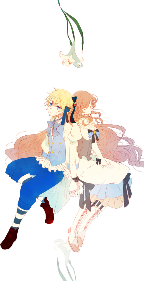 1boy, 1girl, alice_(taishou_x_alice), arisu_yurika, back-to-back, blonde_hair, blue_eyes, blue_pants