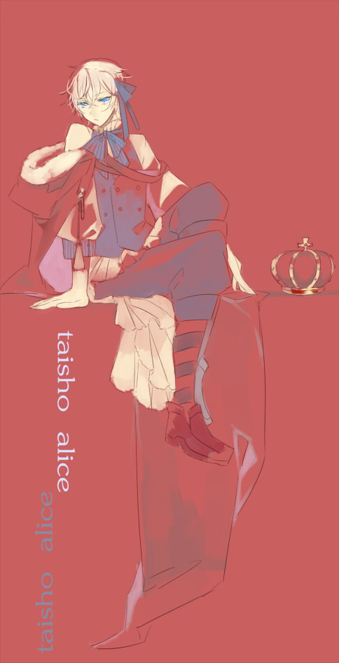 1boy, alice_(taishou_x_alice), black_socks, blonde_hair, blue_eyes, blue_pants, blue_ribbon, blue_vest