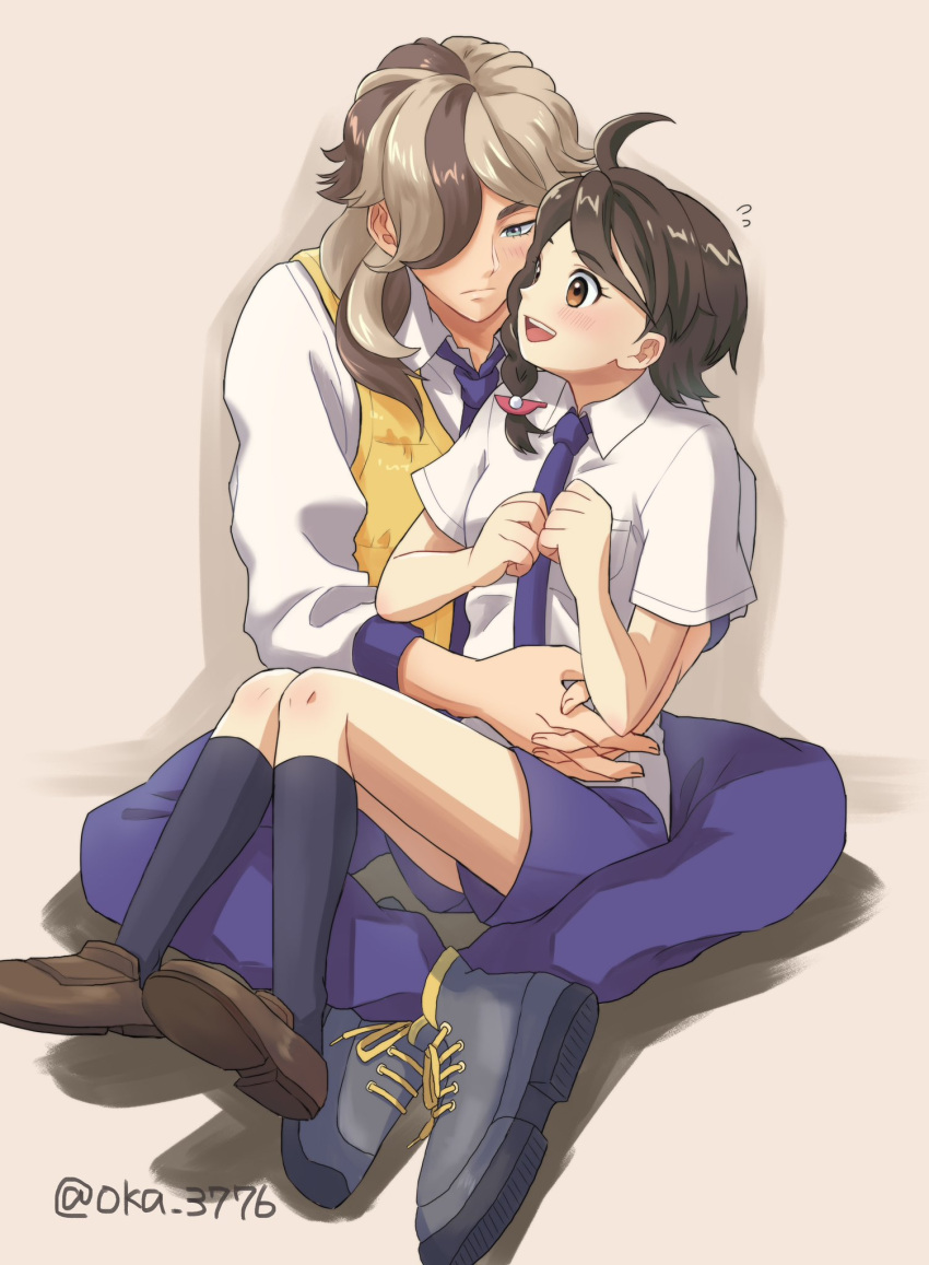 1boy, 1girl, ahoge, arven_(pokemon), bangs, black_socks, blush, boots, braid, breast_pocket, brown_eyes, brown_footwear, brown_hair, closed_mouth, collared_shirt, commentary_request, flying_sweatdrops, hair_over_one_eye, hetero, highres, juliana_(pokemon), kneehighs, long_hair, necktie, oka_3776, pants, pocket, pokemon, pokemon_(game), pokemon_sv, purple_necktie, purple_pants, purple_shorts, shirt, shoes, shorts, sitting, sitting_on_lap, sitting_on_person, sleeves_past_elbows, socks, twitter_username, vest, watermark, white_shirt, yellow_vest