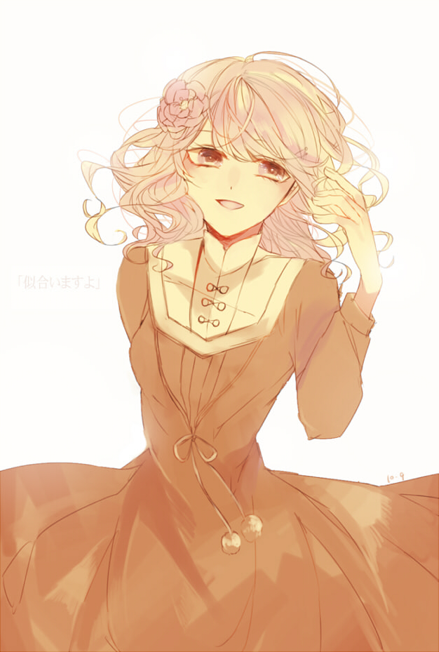 1girl, dress, flower, hair_flower, hair_ornament, kashino_zakuro, long_sleeves, looking_at_viewer