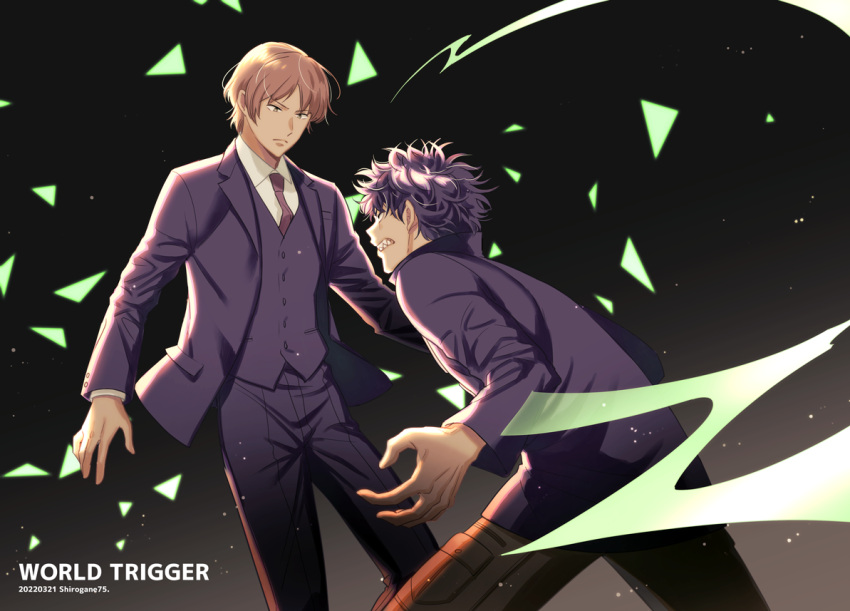 2boys, bangs, battle, black_background, black_hair, black_jacket, brown_hair, brown_pants, charging_forward, clenched_teeth, collared_shirt, copyright_name, dated, dress_shirt, duel, formal, frown, glowing, gradient_background, jacket, kageura_masato, light_particles, long_sleeves, looking_at_another, looking_away, male_focus, multiple_boys, necktie, ninomiya_masataka, pants, purple_hair, purple_jacket, purple_pants, purple_vest, red_necktie, sharp_teeth, shirogane750, shirt, short_hair, spiky_hair, suit, teeth, triangle, twitter_username, uniform, vest, white_shirt, world_trigger