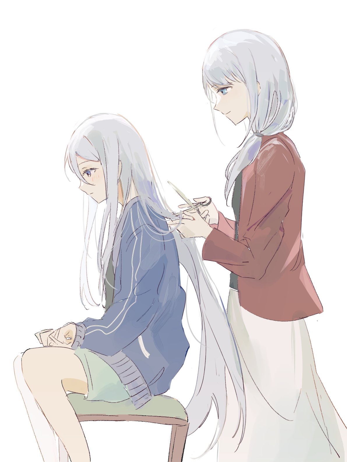 2girls, alternate_universe, bangs, blue_eyes, closed_mouth, commentary, english_commentary, grey_hair