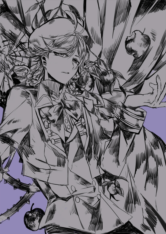 1boy, apple, bitten_apple, food, food_bite, fruit, greyscale_with_colored_background, hat, jacket, long_sleeves, looking_at_viewer, male_focus, megochi, mitsuhara_seisuke, pants, parted_lips, purple_background, short_hair, solo, sweet_clown, teeth, unhappy