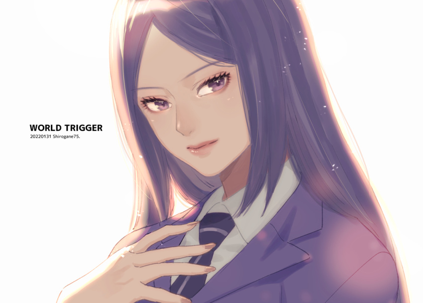 1girl, closed_mouth, collared_shirt, copyright_name, dated, eyelashes, fingernails, formal, hand_up, jacket, light_particles, lipstick, long_hair, looking_at_viewer, makeup, nail_polish, necktie, portrait, purple_hair, purple_jacket, purple_necktie, shirogane750, shirt, simple_background, smile, solo, suit, tsukimi_ren, twitter_username, violet_eyes, white_background, white_shirt, world_trigger