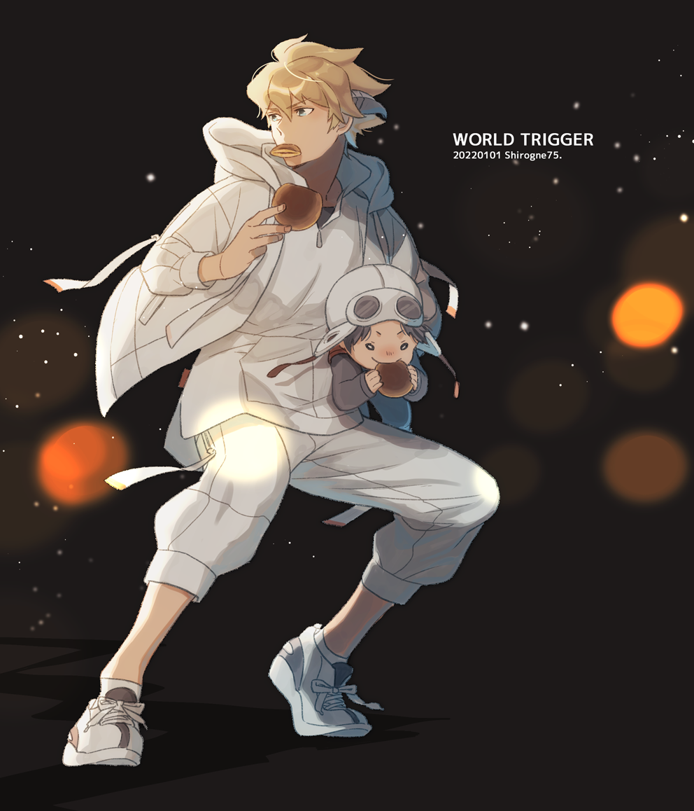 2boys, bangs, black_hair, blonde_hair, blurry, bokeh, brown_background, carrying