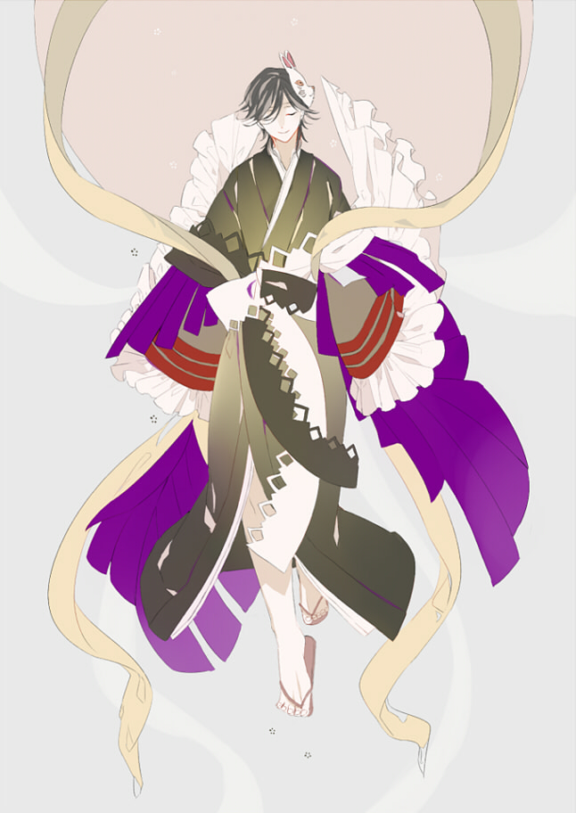 1boy, brown_hair, bunny_mask, closed_eyes, facing_viewer, full_body, grey_background, japanese_clothes