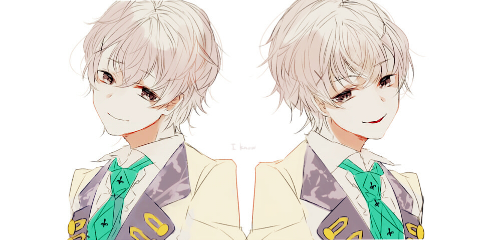 1boy, black_vest, blonde_hair, brown_eyes, collared_shirt, green_necktie, looking_at_viewer, male_focus