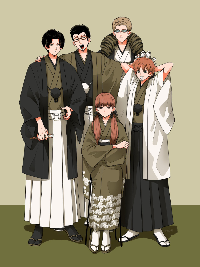 1girl, 4boys, ^_^, arms_behind_head, black_bow, black_coat, black_footwear, black_hair