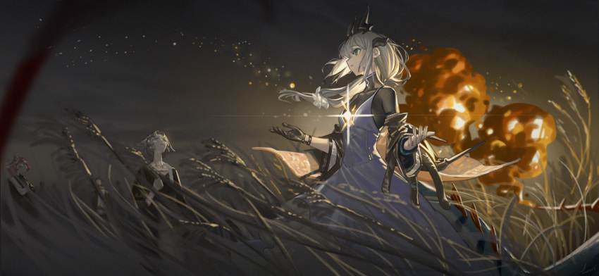 1girl, arknights, black_gloves, black_jacket, bodystocking_under_clothes, commentary_request, dragon_girl, dragon_horns