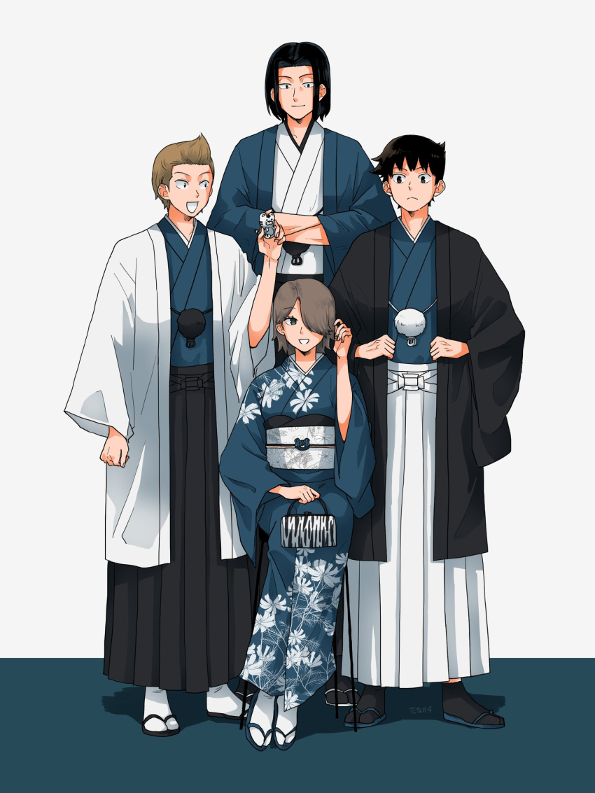 1girl, 3boys, :d, adjusting_clothes, adjusting_hair, arm_at_side, azuma_haruaki, bag