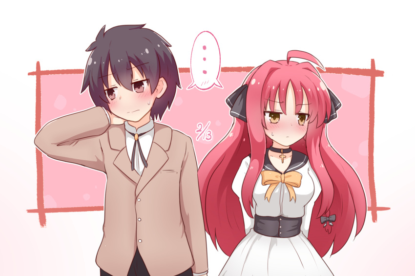 1boy, 1girl, ahoge, arms_behind_back, arms_behind_head, bangs, black_bow, black_choker