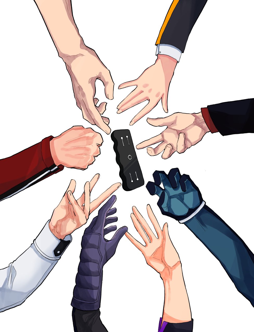 arashiyama_jun, black_gloves, blue_gloves, clenched_hand, gloves, green_gloves, hand_focus, highres