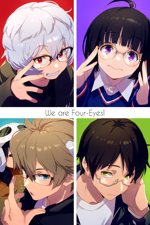 1girl, 3:, 4boys, adjusting_eyewear, ahoge, amatori_chika, animal, aqua_background, bangs, bespectacled, black-framed_eyewear, black_hair, black_jacket, black_sweater, blue_background, blue_eyes, blue_sweater, blunt_bangs, bob_cut, brown_hair, capybara, casual, closed_mouth, collared_shirt, covered_face, dress_shirt, echo_(circa), english_text, glasses, goggles, goggles_on_headwear, green_background, grey-framed_eyewear, grey_hair, grin, hand_on_eyewear, hand_up, hands_on_eyewear, helmet, horns, hyuse, jacket, kuga_yuuma, long_sleeves, looking_at_viewer, mikumo_osamu, multiple_boys, parted_lips, portrait, raijinmaru, red_background, red_eyes, rindou_youtarou, round_eyewear, semi-rimless_eyewear, shirt, short_hair, simple_background, smile, sweater, t-shirt, under-rim_eyewear, violet_eyes, white_headwear, white_shirt, world_trigger