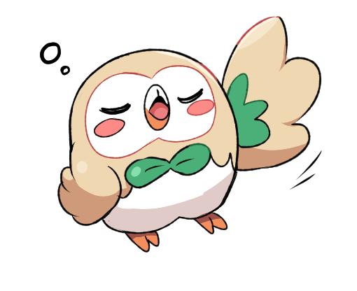 0_0box, bird, blush_stickers, bubble, closed_eyes, commentary, full_body, no_humans, open_mouth, pokemon, pokemon_(creature), rowlet, simple_background, solo, white_background