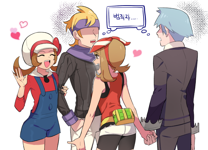 0_0box, 2boys, 2girls, bike_shorts, bike_shorts_under_shorts, blonde_hair, blue_hair, blue_overalls
