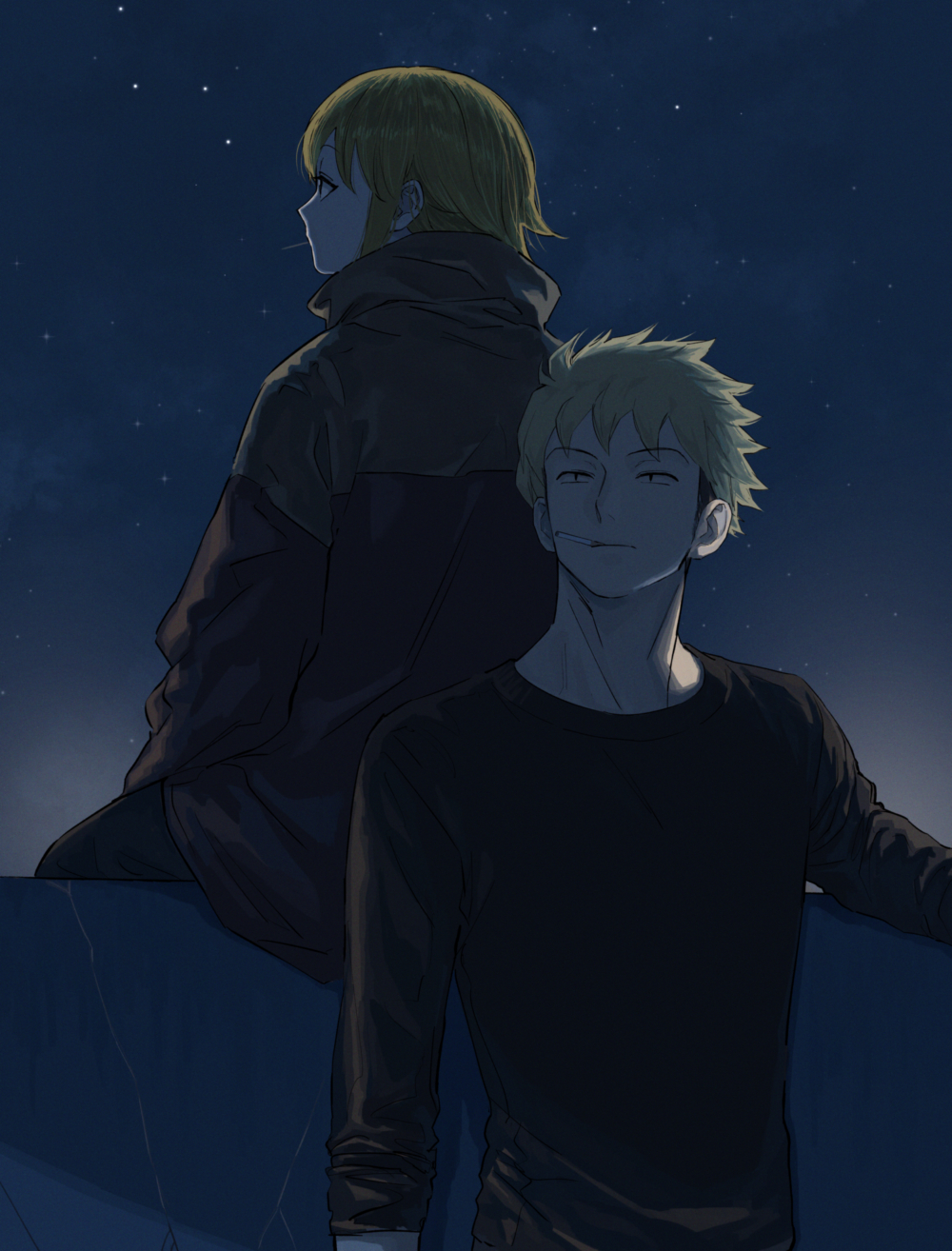 1boy, 1girl, bangs, black_shirt, blonde_hair, candy, cigarette, food