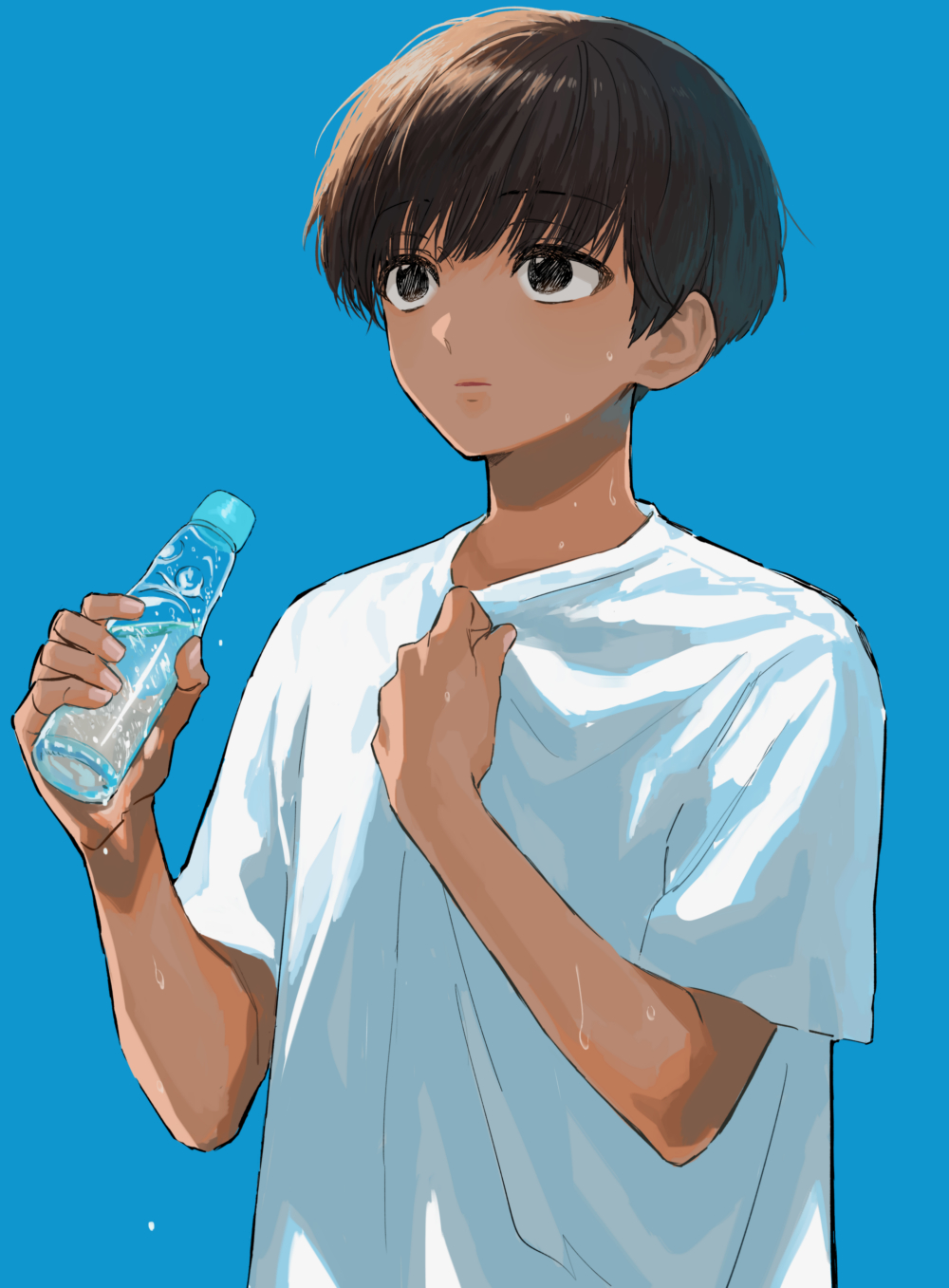 1girl, androgynous, bangs, blue_background, bottle, brown_hair, clothes_grab, highres
