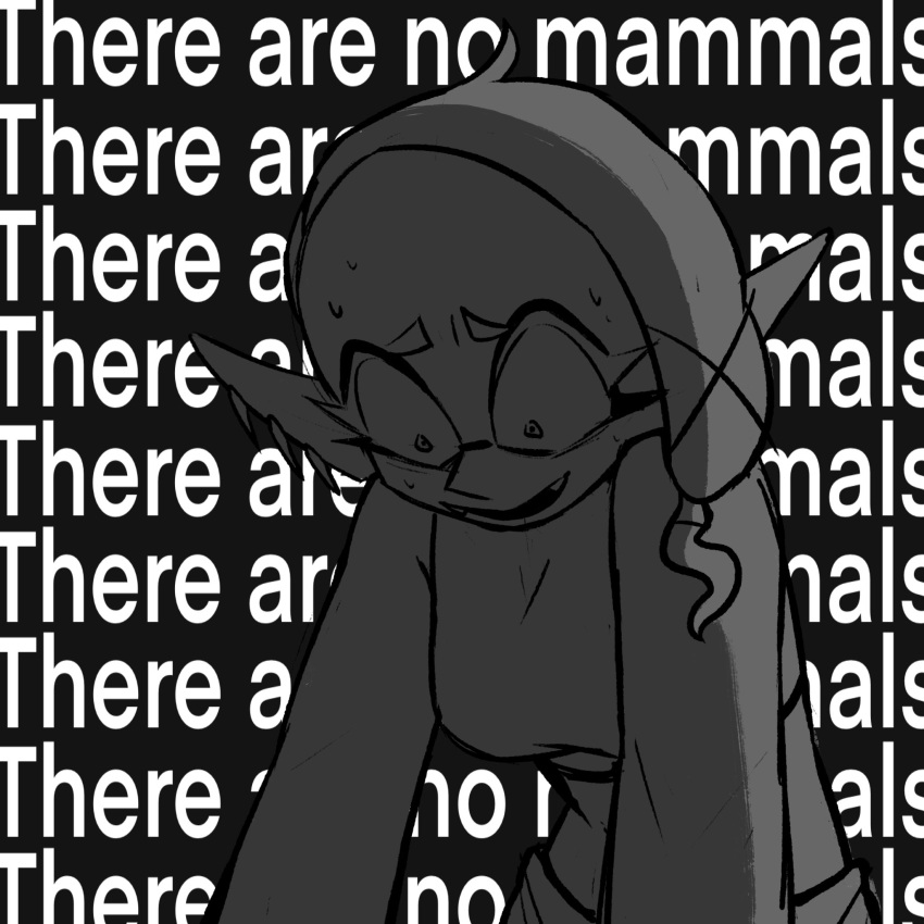 1girl, bare_arms, bare_shoulders, boffix, breasts, constricted_pupils, crop_top, despair, domino_mask, earrings, frye_(splatoon), highres, inkling, jewelry, long_eyelashes, looking_down, mask, medium_breasts, monochrome, multiple_earrings, panicking, pointy_ears, shirt, sleeveless, sleeveless_shirt, solo, splatoon_(series), splatoon_3, sweat, sweating_profusely, wide-eyed