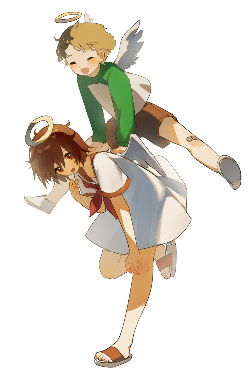 2girls, absurdres, angel, angel_wings, bandaid, bandaid_on_knee, bandaid_on_leg, bangs, blonde_hair, blush, brown_hair, closed_eyes, dress, feathered_wings, full_body, haibane_renmei, halo, highres, jumping, kuu_(haibane), long_sleeves, looking_at_another, multiple_girls, nekachew, open_mouth, rakka_(haibane), sailor_collar, sailor_dress, shirt, shoes, short_hair, short_sleeves, shorts, simple_background, smile, tomboy, white_background, white_dress, white_wings, wings