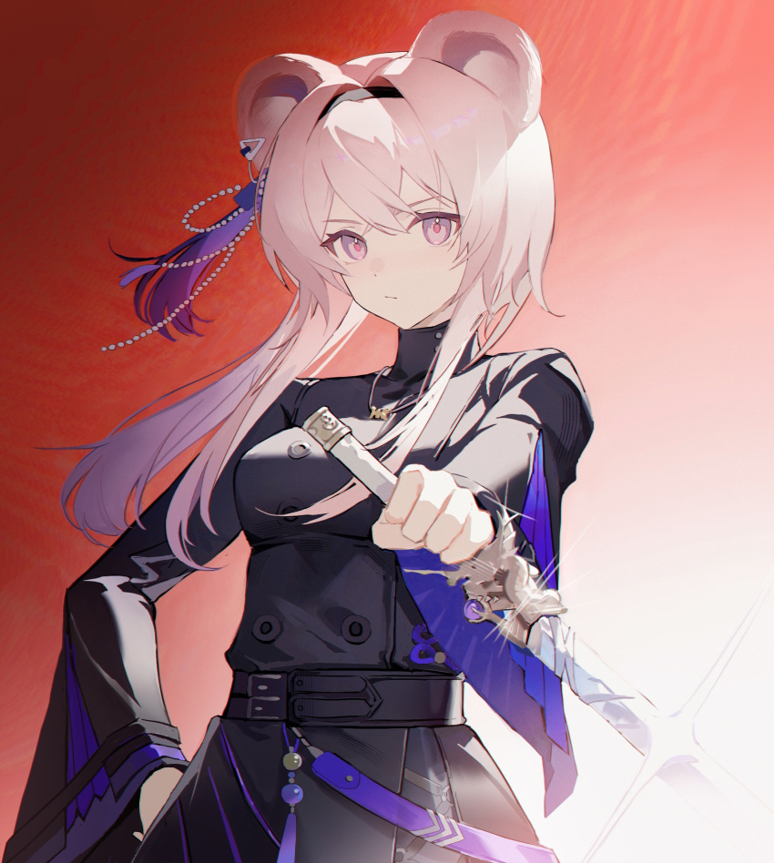 1girl, animal_ears, arknights, black_shirt, black_skirt, breasts, hairband, hand_on_hip, highres, holding, holding_sword, holding_weapon, jewelry, lin_(arknights), long_hair, long_sleeves, looking_at_viewer, mouse_ears, mouse_girl, necklace, pingdiguo, pink_eyes, pink_hair, red_background, shirt, simple_background, skirt, small_breasts, solo, sword, upper_body, weapon