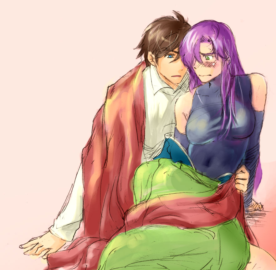 bare_shoulders, blue_eyes, blush, brown_hair, butz_klauser, couple, detached_sleeves, dress_shirt