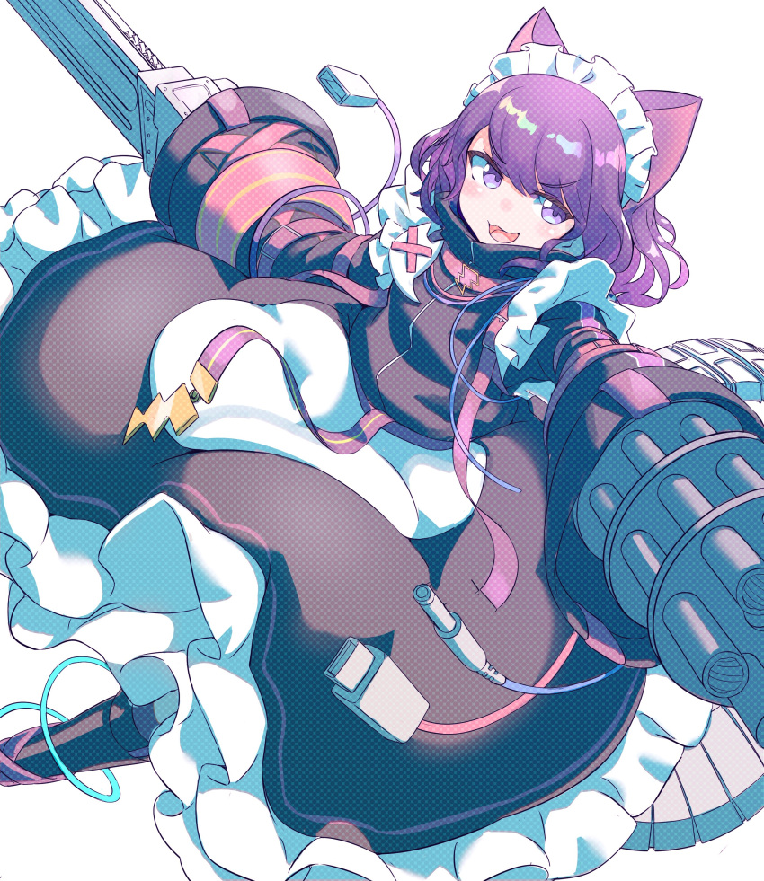 1girl, :3, absurdres, animal_ears, bangs, black_dress, cat_ears, cat_girl, chainsaw, dress, gatling_gun, highres, indie_virtual_youtuber, kuromiya_tima, long_hair, long_sleeves, lowlandgorilla, maid, maid_headdress, open_mouth, purple_hair, smile, solo, violet_eyes, virtual_youtuber