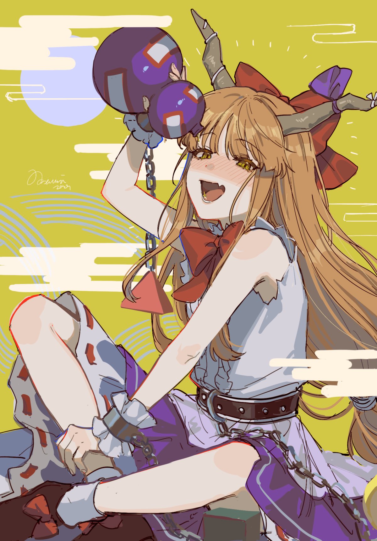 1girl, :d, arm_up, bangs, bare_shoulders, bow, chain, cuffs