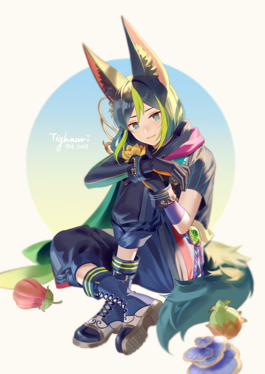1boy, absurdres, anier, animal_ears, asymmetrical_sleeves, black_gloves, blue_eyes, boots