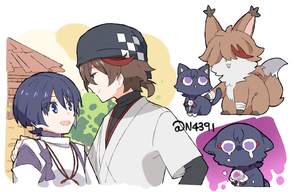 2boys, :d, bangs, black_headwear, black_shirt, blue_eyes, blue_hair, blunt_ends