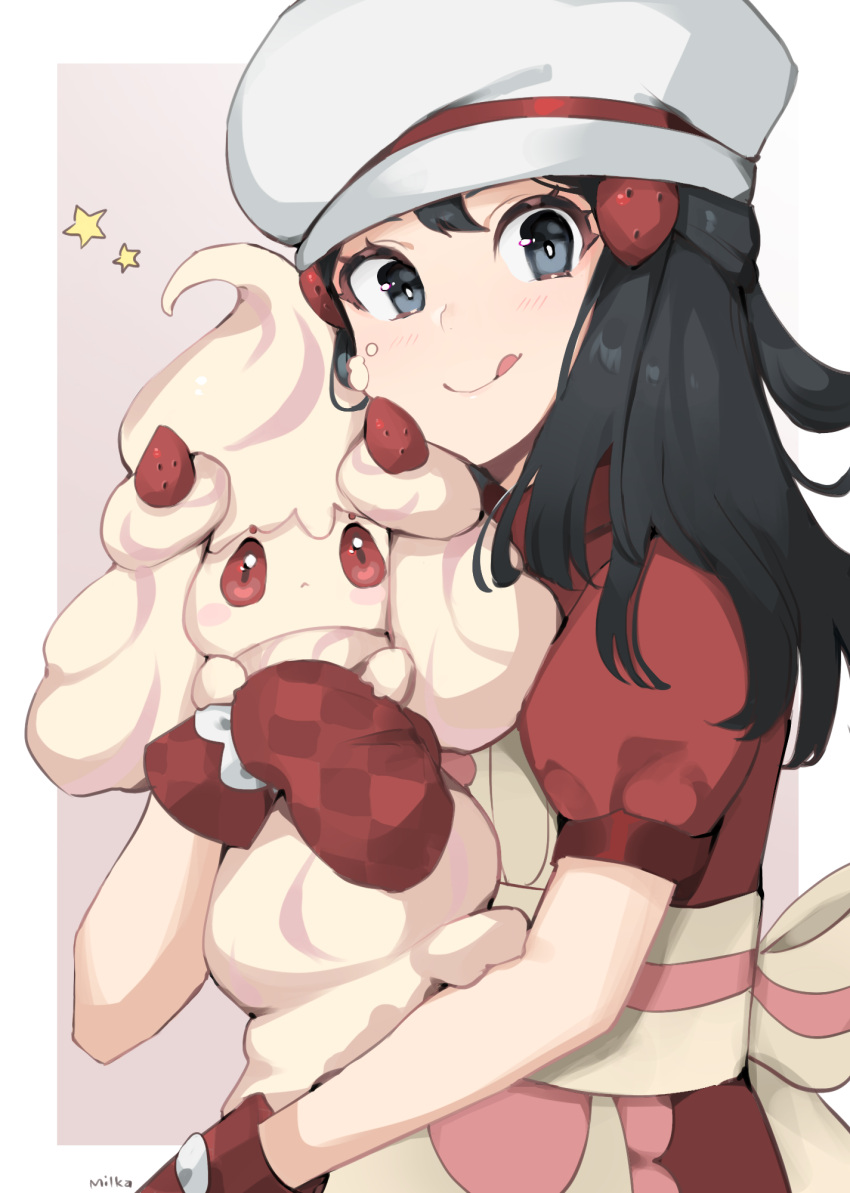 1girl, :q, alcremie, alcremie_(strawberry_sweet), apron, artist_name, black_hair, border