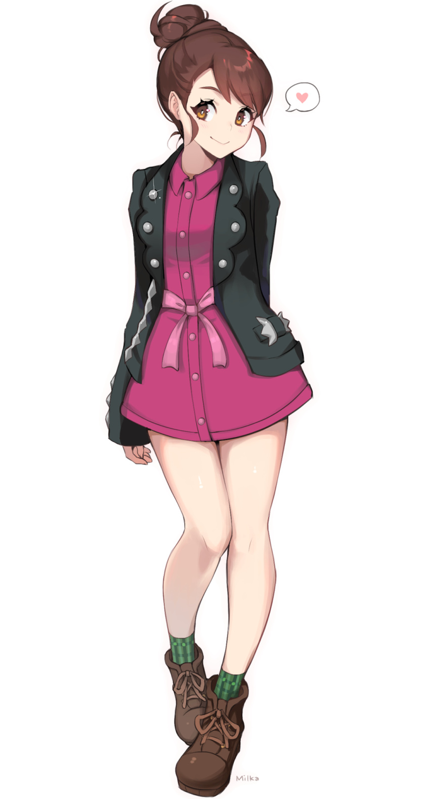 1girl, alternate_hairstyle, artist_name, black_jacket, boots, brown_eyes, brown_footwear, brown_hair