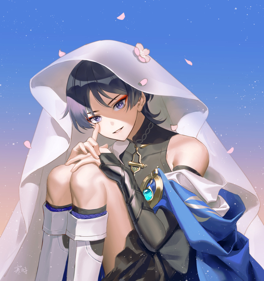 1boy, anier, armor, bangs, black_shirt, black_shorts, black_socks, blue_background