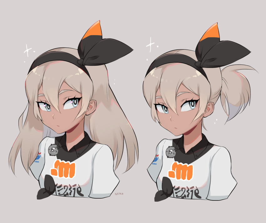 1girl, alternate_hair_length, alternate_hairstyle, bea_(pokemon), black_hairband, dark-skinned_female, dark_skin, grey_background